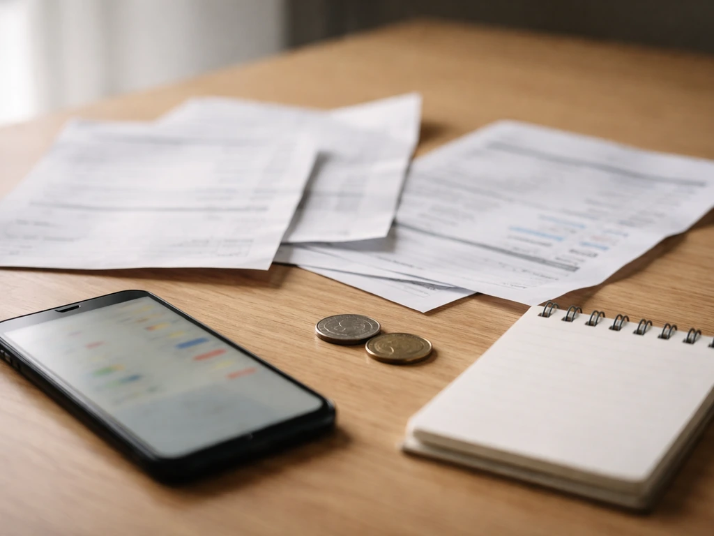 Close-up of three mixed finance receipts and a smartphone showing blurred figures, suggesting inconsistent net worth sou